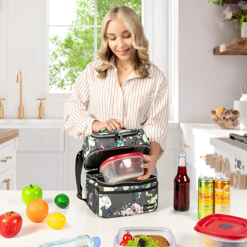 OPUX صندوق غداء OPUX للنساء، حقيبة غداء كبيرة معزولة للبالغين، صندوق غداء بطابقين لتحضير الوجبات، صندوق غداء مزدوج القسم مقاوم للتسرب، حقيبة غداء للفتيات والأطفال في المدرسة، رمادي مزهّر 16 علبة - Image 4